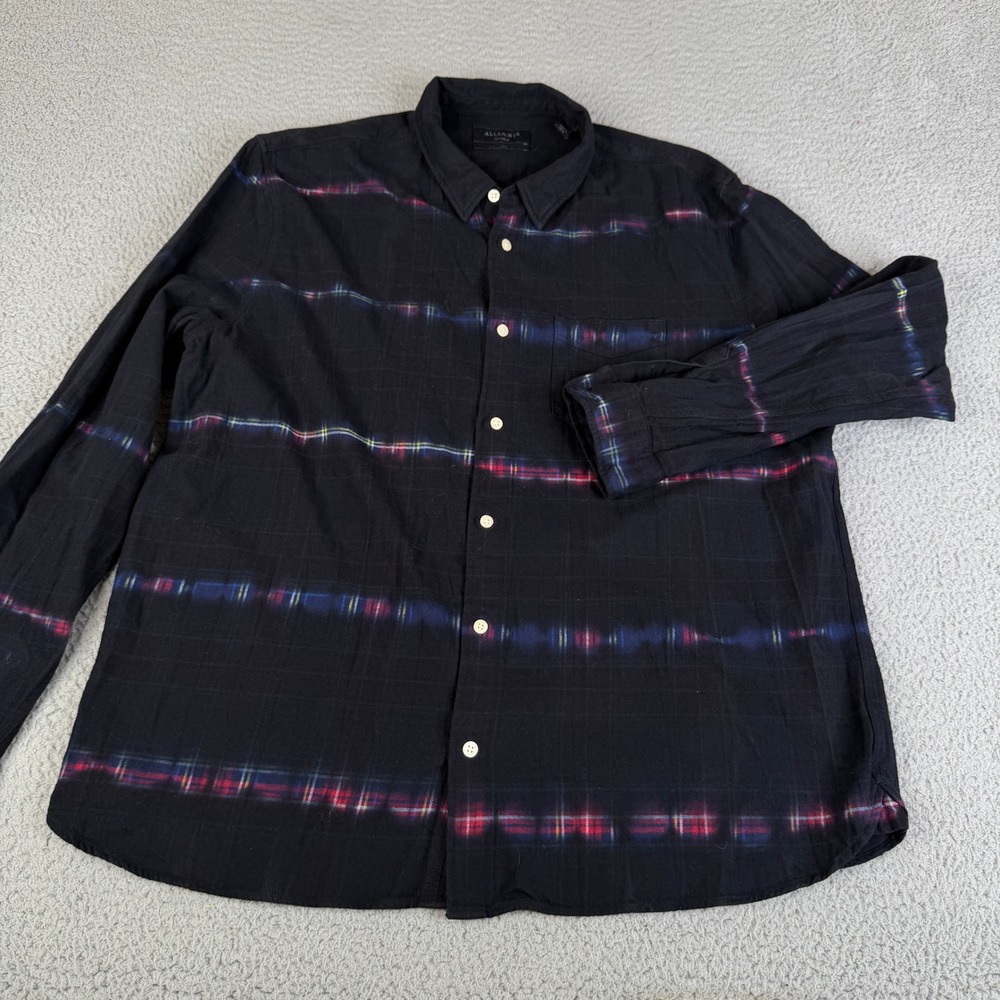 AllSaints Shirt Mens XXL Black Claverack LS Tie Dye Plaid Relaxed Fit MS028X